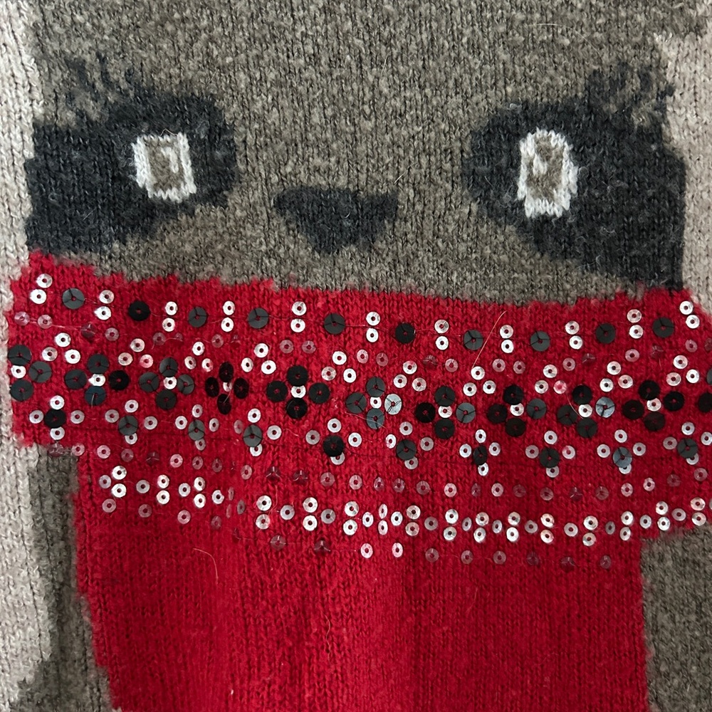 Abercrombie & Fitch Taupe Owl Christmas Holiday Sweater with Sequins, Size Small - Picture 2 of 8